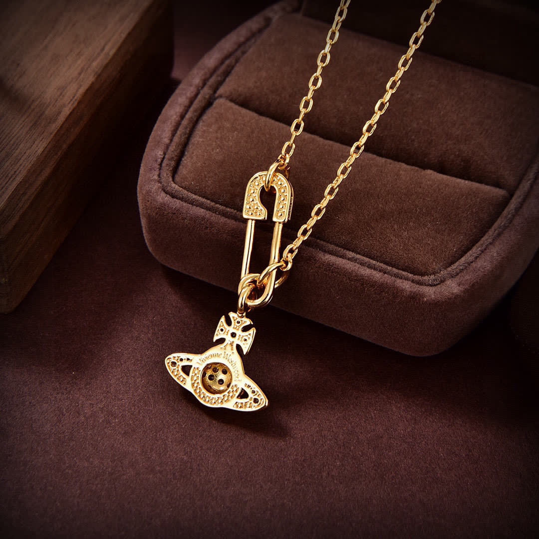 Vivienne Westwood Gold Tone Safety Pin & Hat Pendant Necklace